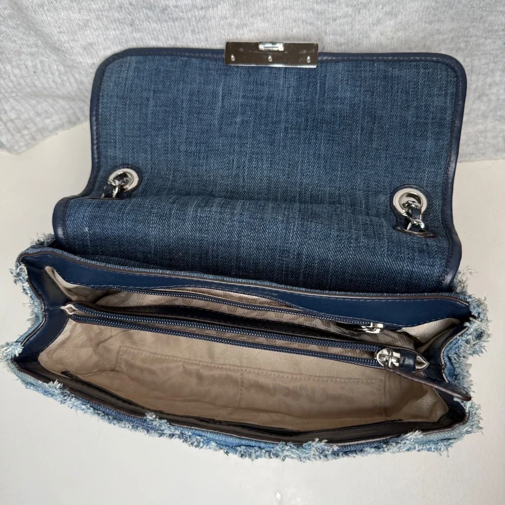 Michael Kors Sloan Large Denim Patchwork Frayed Chevron Shoulder Bag Blue Silver - Picture 7 of 15